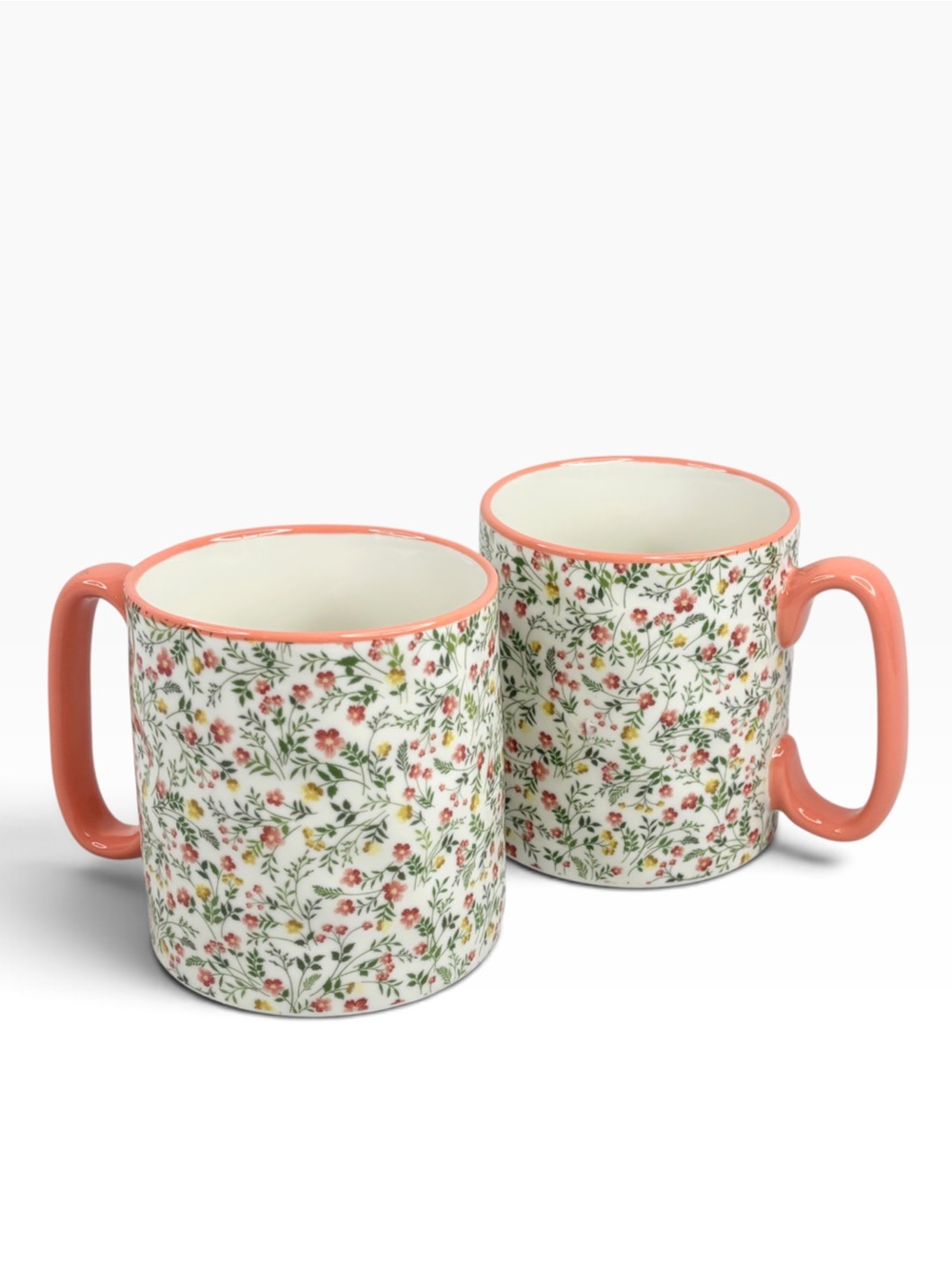 10 Strawberry Street Bella Mugs x2  Wildflower Design With Coral Handles & Rims